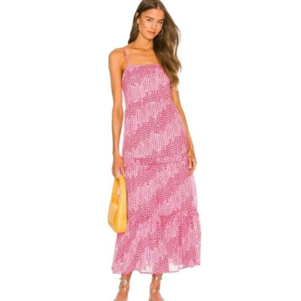Banjanan Maxi Sundress Size XS Ditsy Floral Print Boho Beach Tiered Ruffle Pink